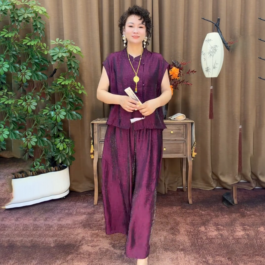 新中式夏季新款高端洋气短袖开衫上衣宽松洋气遮肉套装妈妈两件套