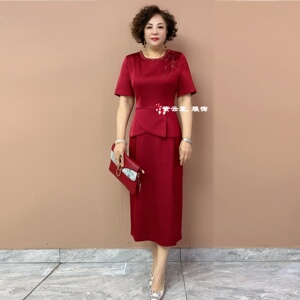 喜婆婆婚宴夏季短袖年轻高贵结婚妈妈礼服中式醋酸缎小个子连衣裙