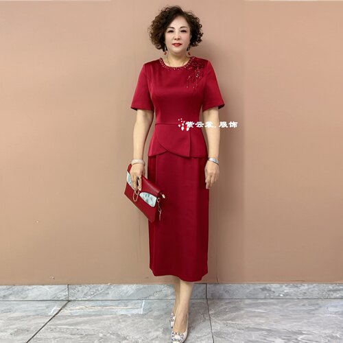 喜婆婆婚宴夏季短袖年轻高贵结婚妈妈礼服中式醋酸缎小个子连衣裙