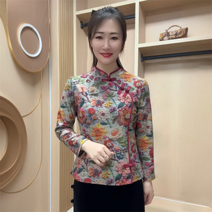 冬季加绒加厚保暖立领中老年洋气妈妈弹力复古盘扣旗袍上衣小花衫