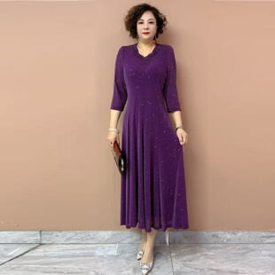 高端中年妈妈夏季中袖台湾纱纯色连衣裙时尚气质遮肉显瘦大摆长裙