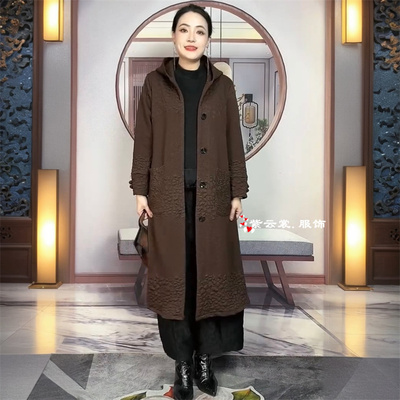 高端冬季加厚加绒保暖气质休闲连帽长款大衣中老年妈妈装风衣外套