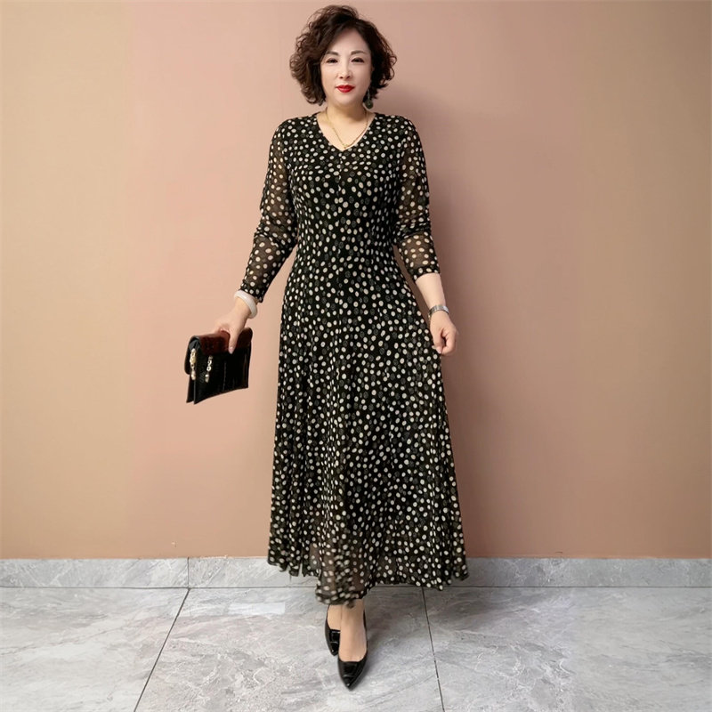 春夏秋长袖时尚显瘦大码连衣裙台湾纱弹力收腰碎花洋气长款大摆裙