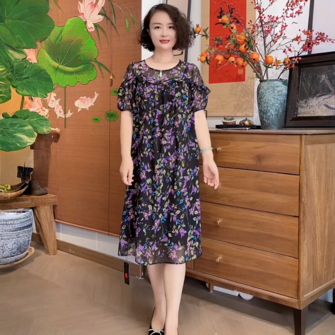 夏季短袖遮肉宽松中老年妈妈洋气法式荷叶边乔其纱过膝碎花连衣裙