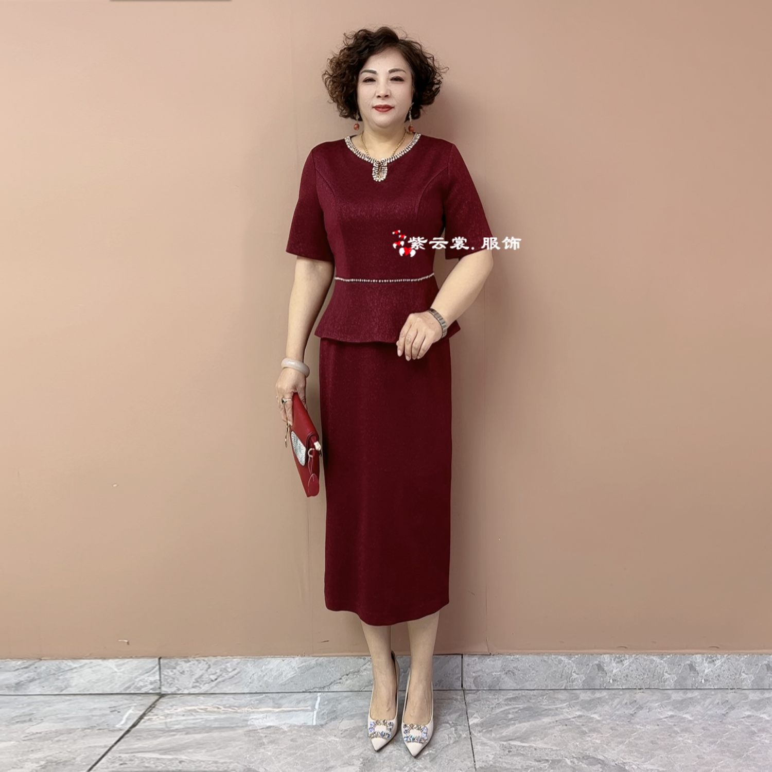 喜婆婆婚宴年轻妈妈装婚礼短袖假两件旗袍结婚喜服平时可穿连衣裙