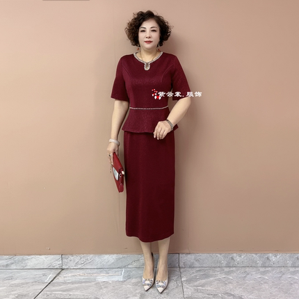 喜婆婆婚宴年轻妈妈装婚礼短袖假两件旗袍结婚喜服平时可穿连衣裙