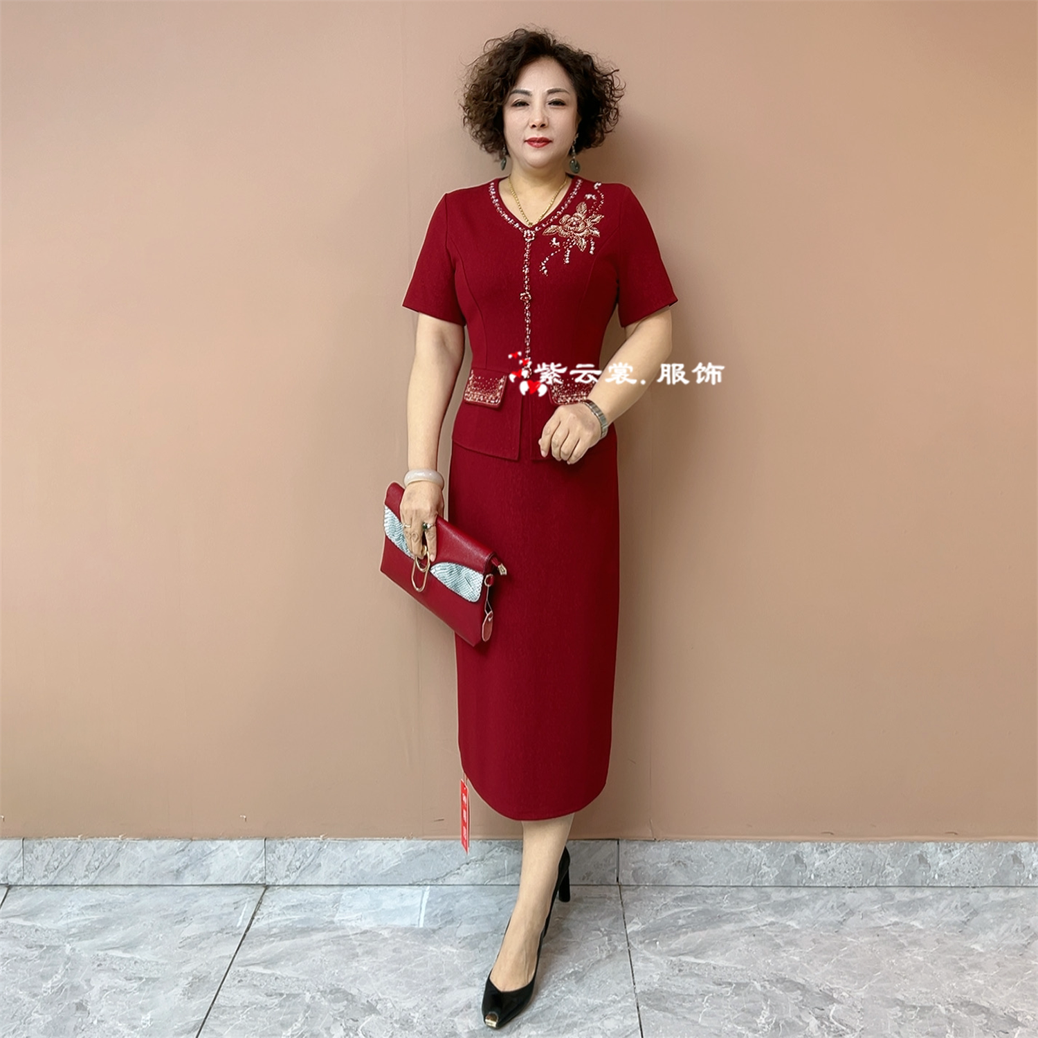 喜婆婆显瘦婚宴礼服假两件连衣裙喜妈妈重工串珠时尚修身长款旗袍