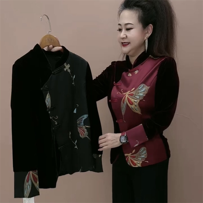 高端年轻妈妈春装新款丝绒拼接衬衫刺绣立领旗袍小衫上衣大码外套