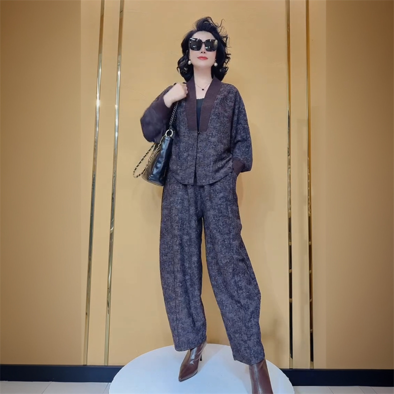 高端2025春季复古时尚短款外套上衣哈伦阔腿裤休闲大码两件套装女