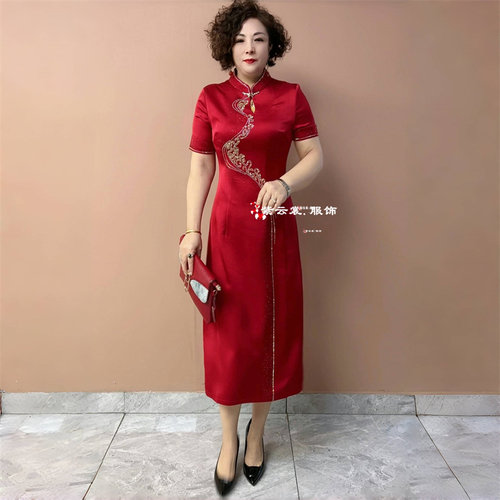 夏季新款短袖妈妈装婚宴礼服旗袍喜婆婆敬酒服醋酸大码长款连衣裙