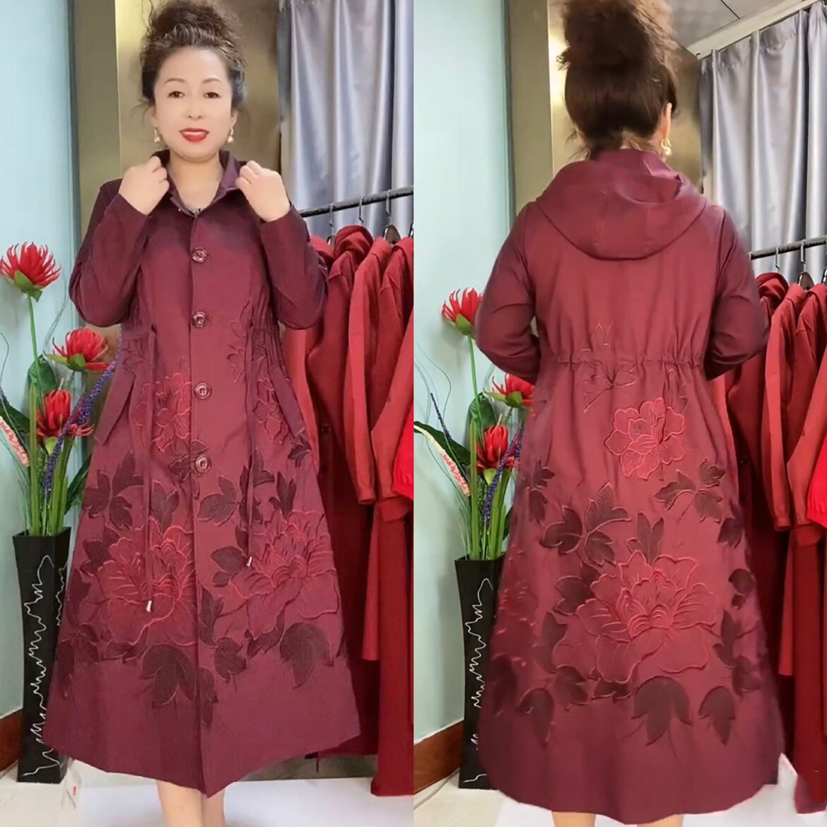 中长款外套刺绣妈妈装时尚