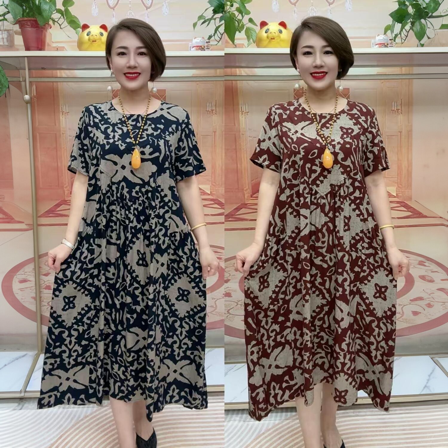 中老年妈妈夏装新款洋气大码长款加肥碎花短袖棉麻宽松舒适连衣裙