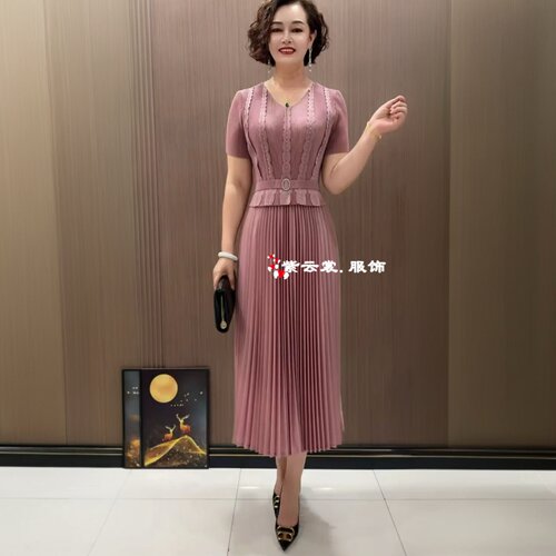 气质时尚褶皱连衣裙夏季短袖显瘦洋气新款百褶裙弹力大码百褶长裙