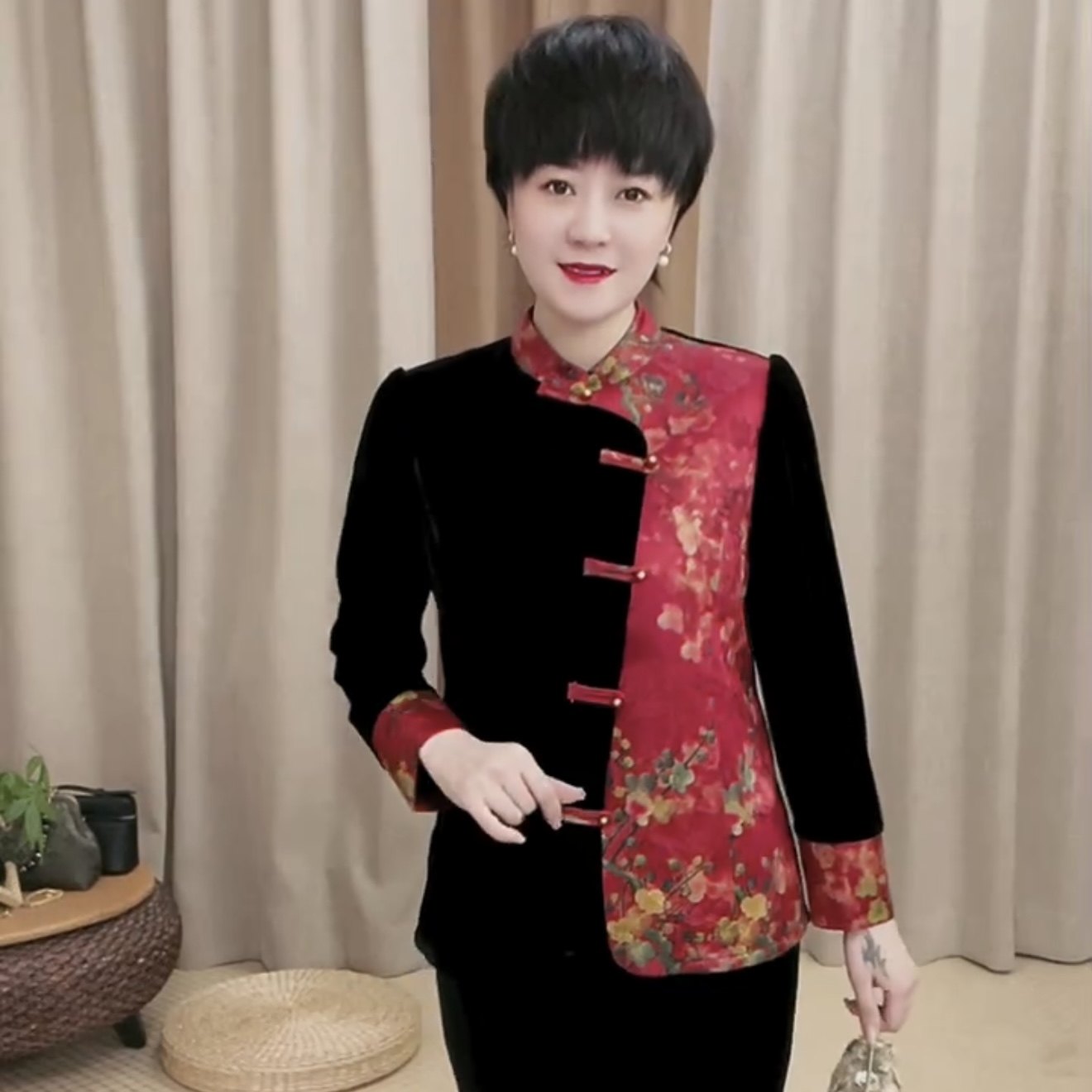 国风秋冬中老年妈妈长袖丝绒衬衫气质旗袍开衫民族风洋气大码外套