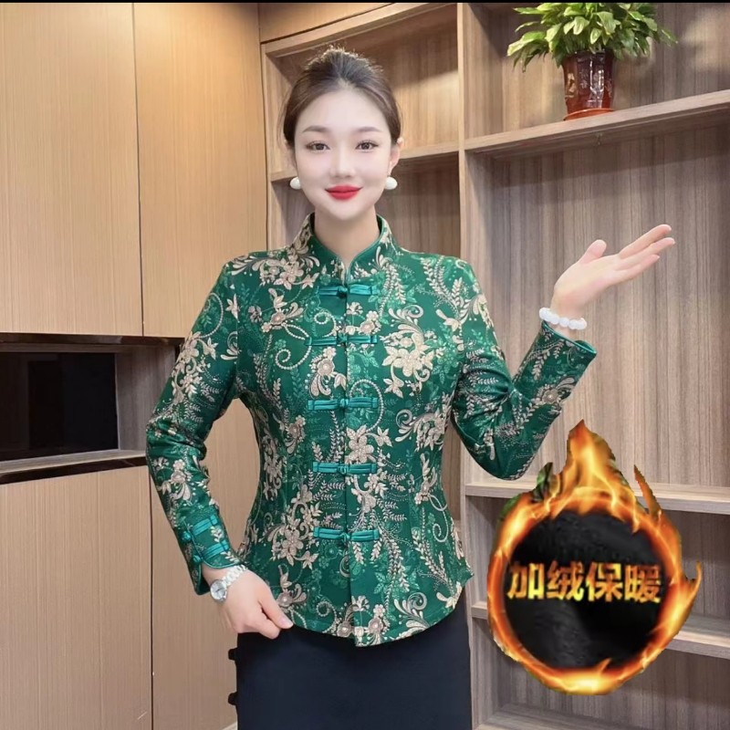 高端中老年妈装妈开衫冬季加绒保暖外套时尚弹力上衣复古旗袍小衫