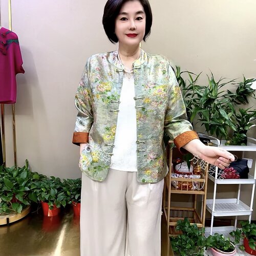 高端夏季新中式国风中年妈妈装醋酸提花开衫宽松遮肉洋气大码衬衫