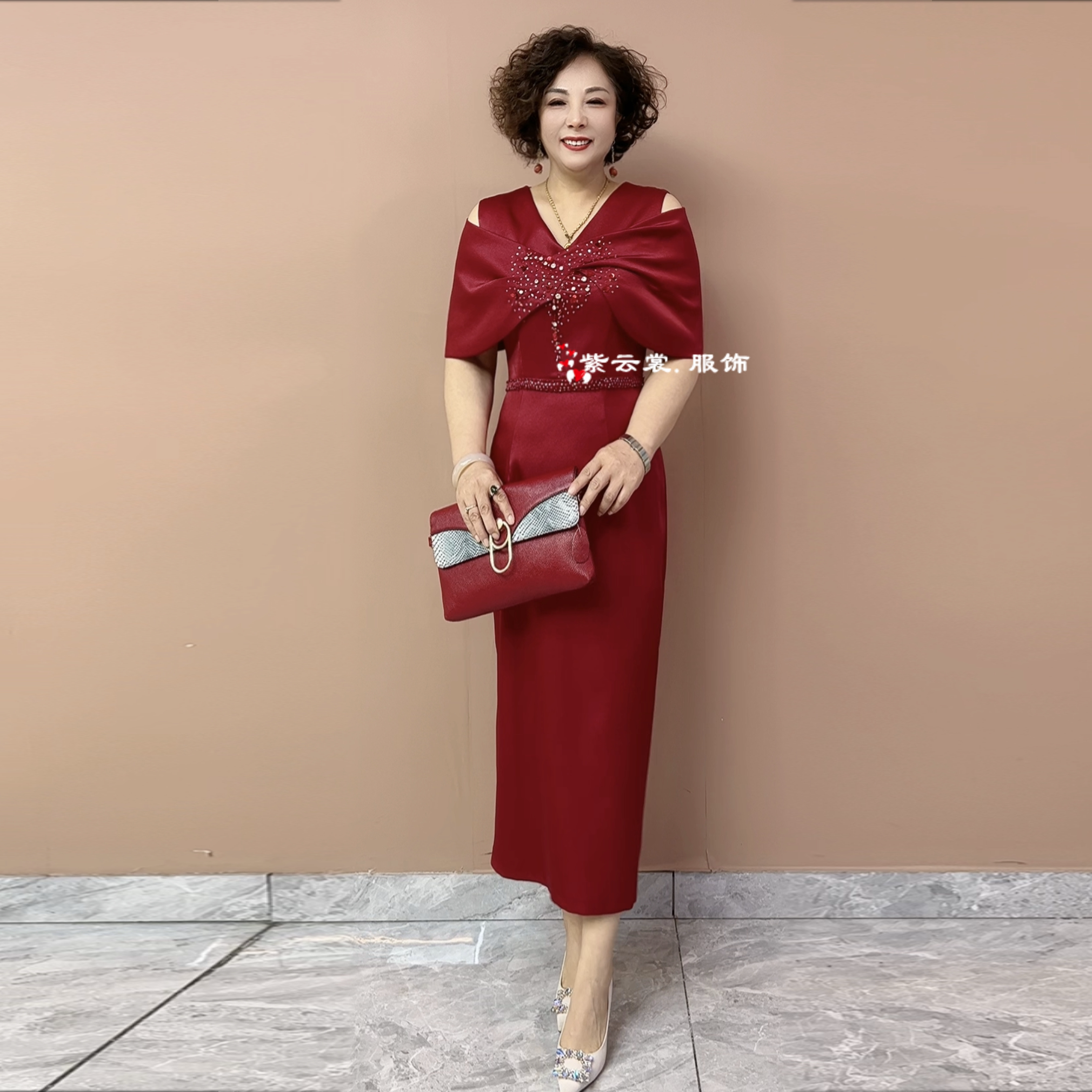 高端喜婆婆婚宴装夏季短袖旗袍结婚妈妈装婚礼晚礼服敬酒服连衣裙