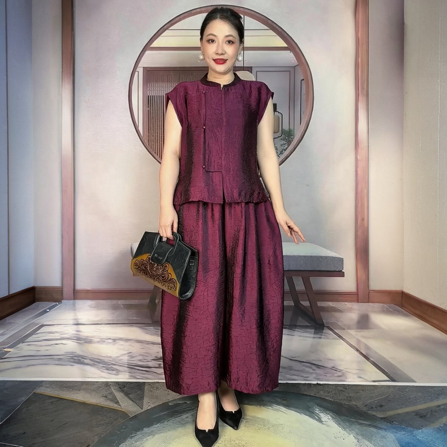 新中式夏季新款高端洋气短袖开衫上衣宽松遮肉显瘦套装妈妈两件套