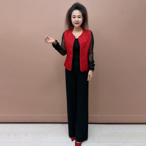 中式春秋缎面提花马甲中老年妈妈装洋气坎肩无袖外套大码马夹套装