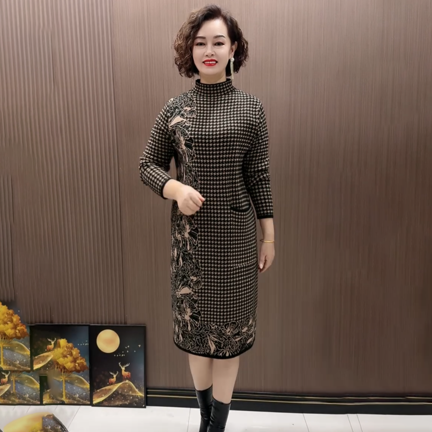 直筒毛衣中长款过膝连衣裙秋冬宽松半高领长袖千鸟格打底针织裙女