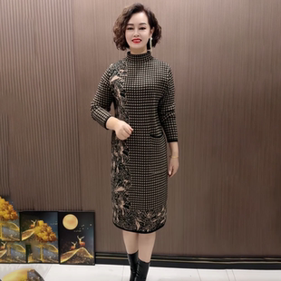 直筒毛衣中长款过膝连衣裙秋冬宽松半高领长袖千鸟格打底针织裙女