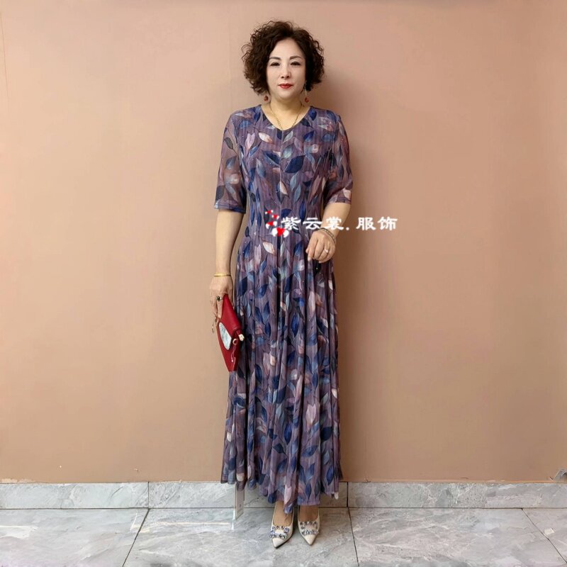 贵夫人高端中年妈妈装夏季连衣裙台湾纱弹力十片大摆气质显瘦长裙