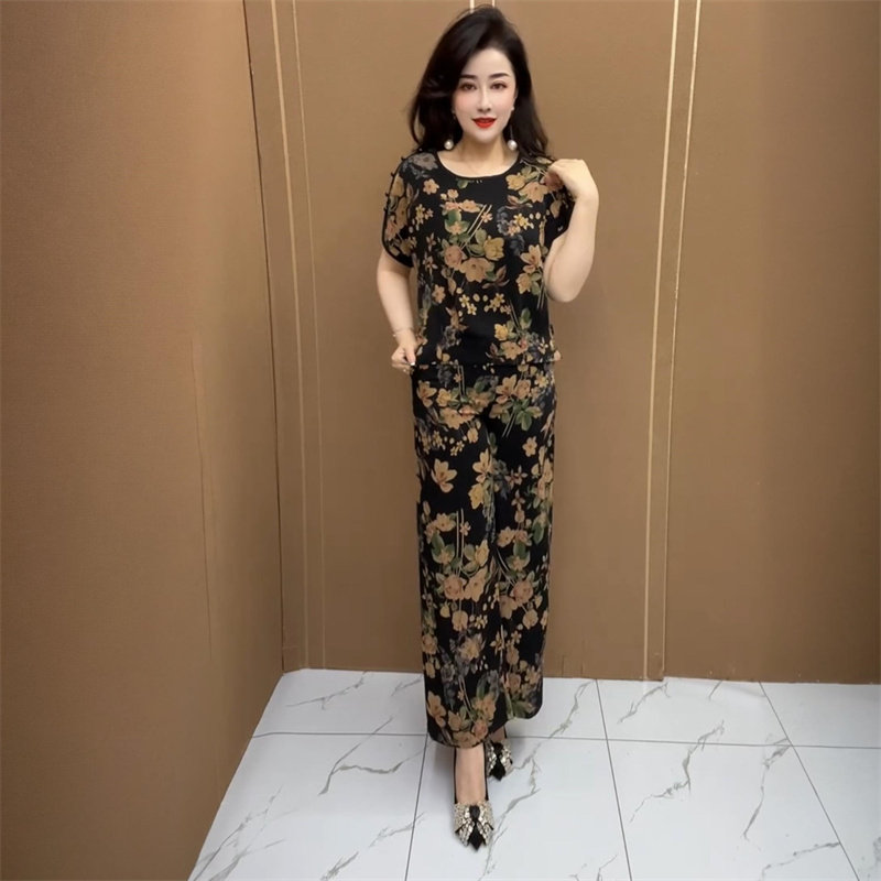 夏季短袖真丝上衣两件套时尚宽松休闲中老年妈妈50岁阔腿裤套装女