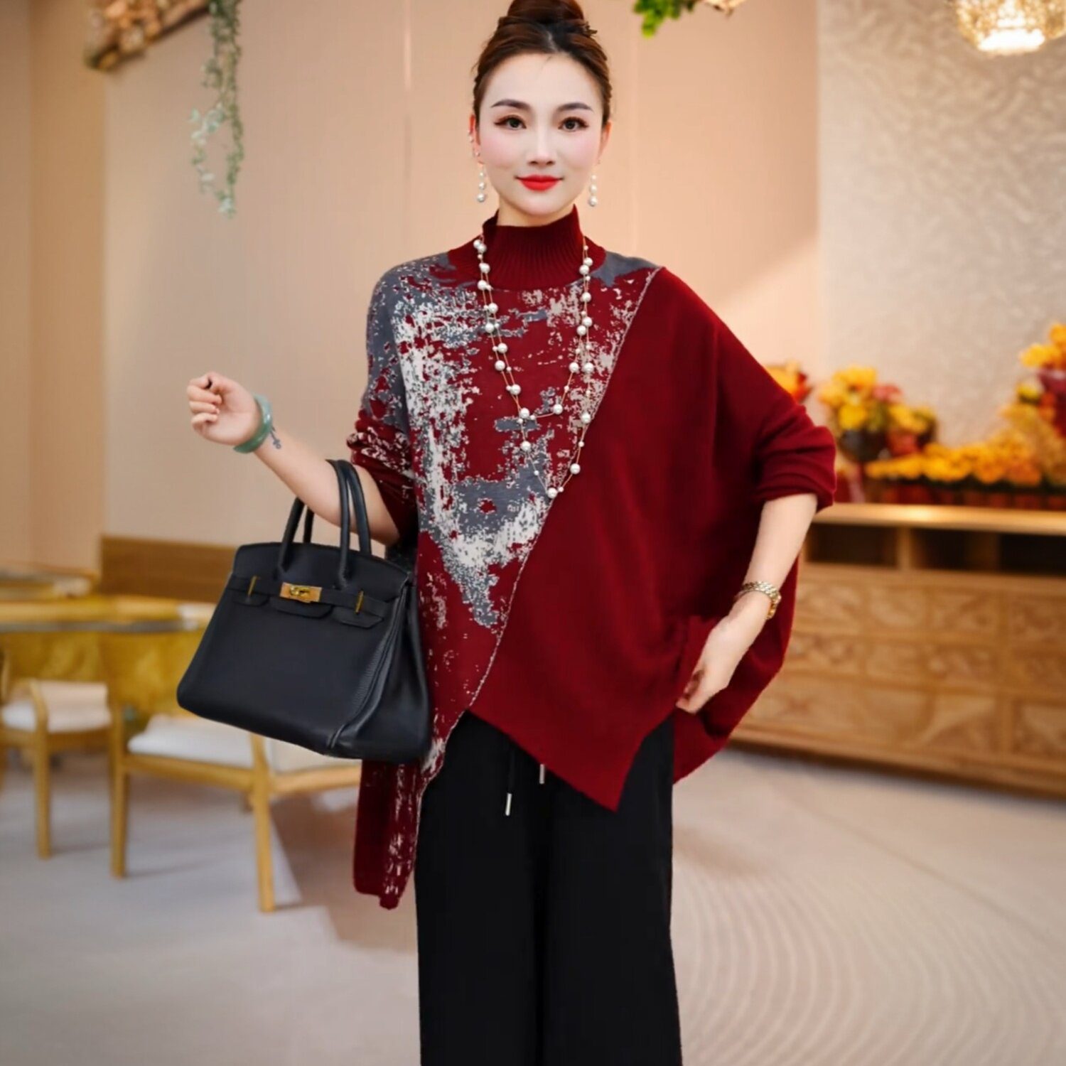 欧货高端秋冬时尚气质大版高领针织衫不规则毛衣大码宽松显瘦内搭