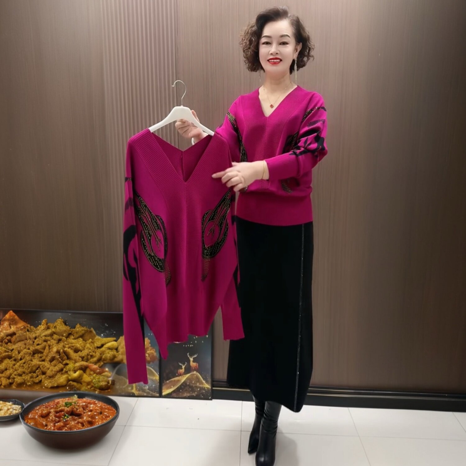 阔太太高端妈妈宽松蝙蝠袖秋冬V领遮肉显瘦长袖打底针织衫毛衣女