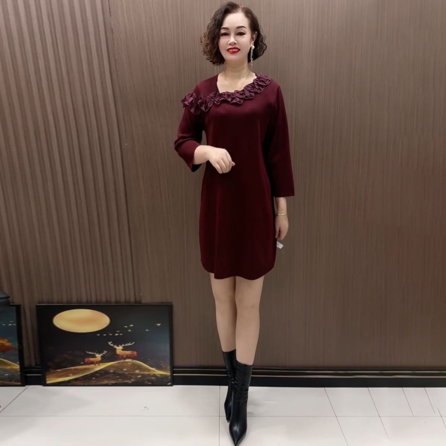 早春新款时尚针织立体花大版衫宽松妈妈装弹力中长款打底毛衣裙女