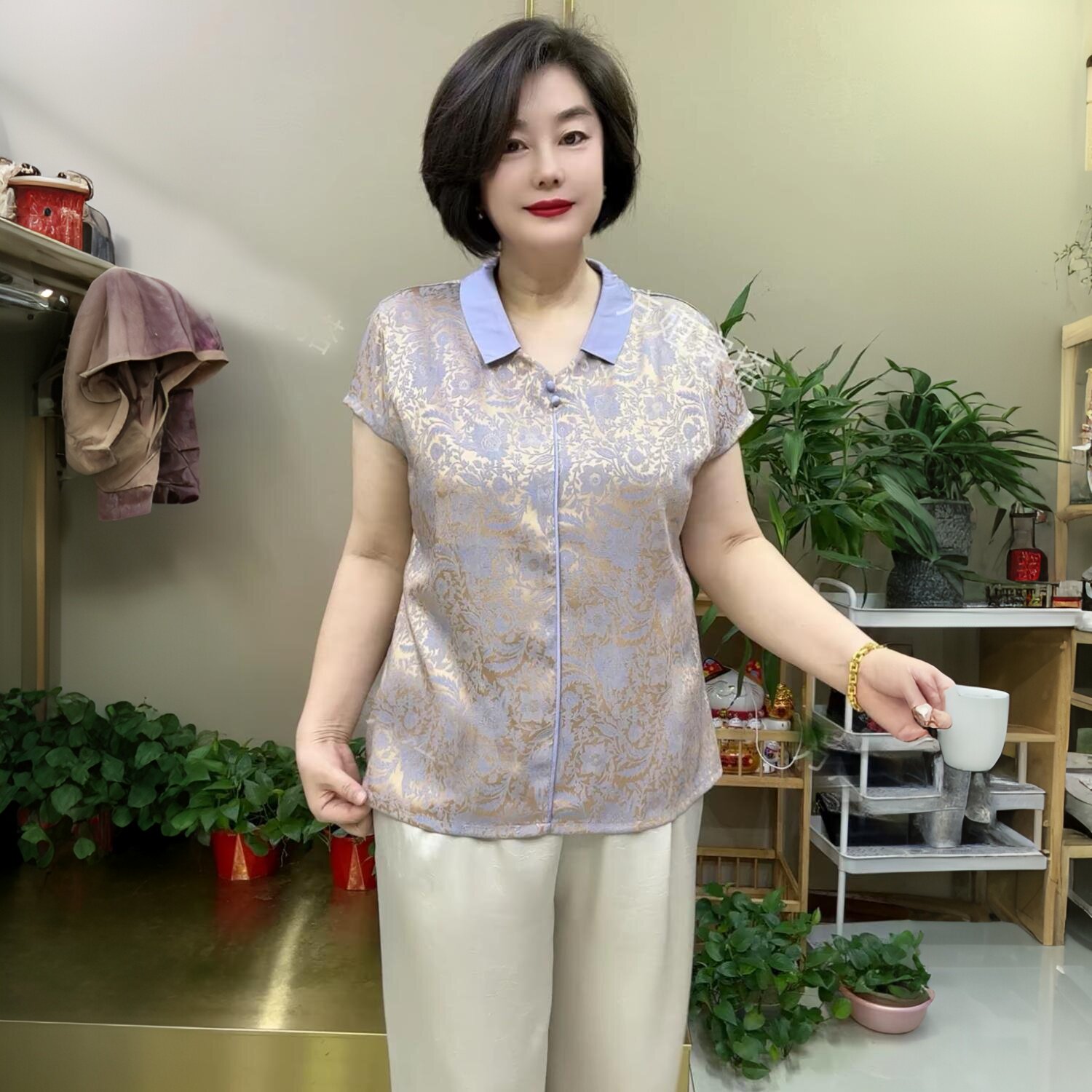 夏季短袖醋酸上衣宽松时尚洋气妈妈娃娃领减龄女士大码旗袍打底衫