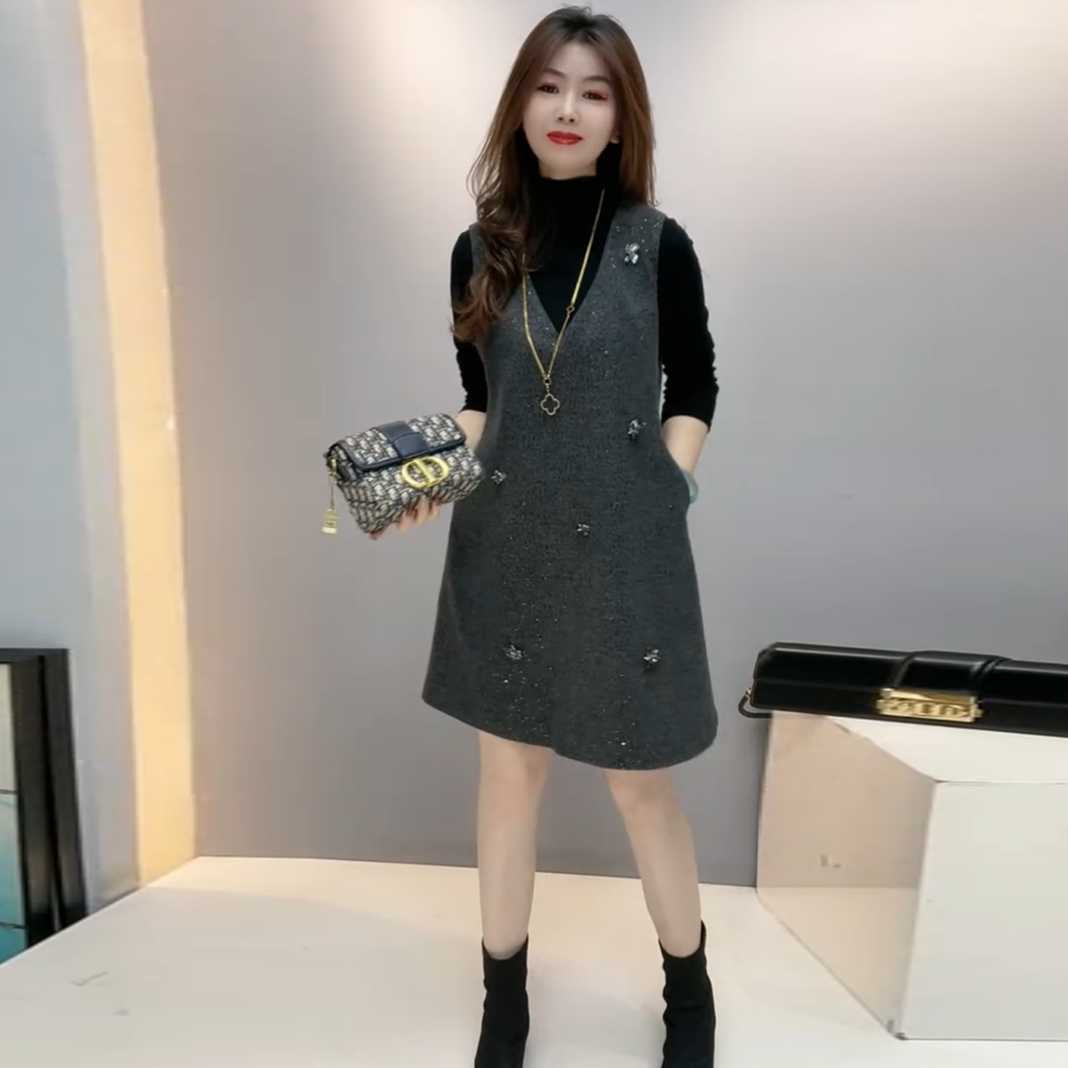 春装时尚洋气小个子妈妈连衣裙宽松遮肉显瘦气质中长款毛呢两件套,女装/女士精品,大码套装,淘宝优惠券,粉丝福利购,淘宝优惠卷