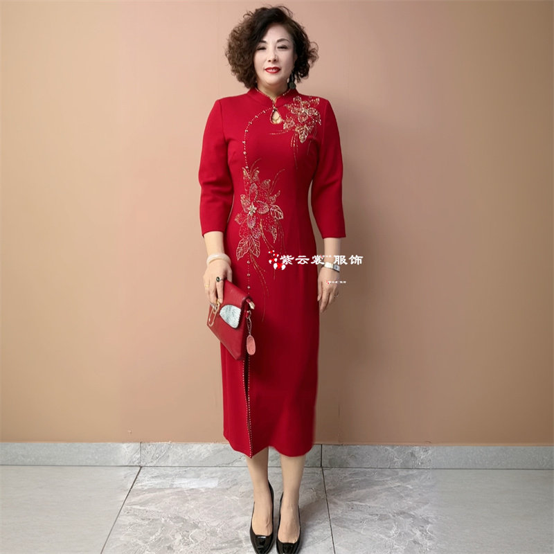 高端年轻妈妈装婚宴礼服春秋新款喜婆婆改良旗袍长款连衣裙敬酒服