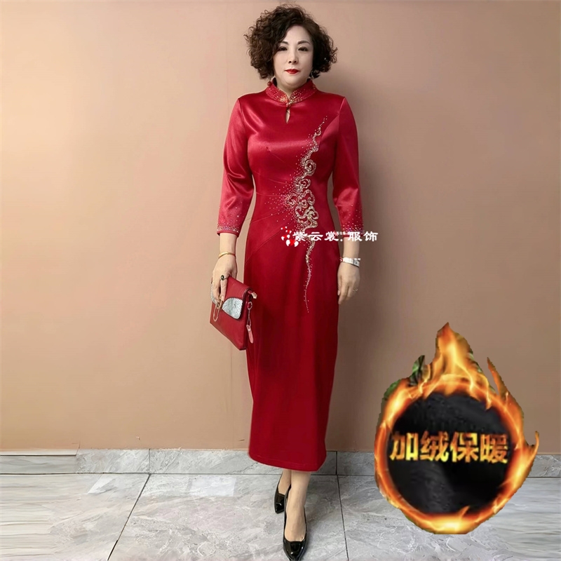 高端喜婆婆婚宴装显瘦旗袍醋酸缎新款婚礼妈妈礼服修身洋气连衣裙