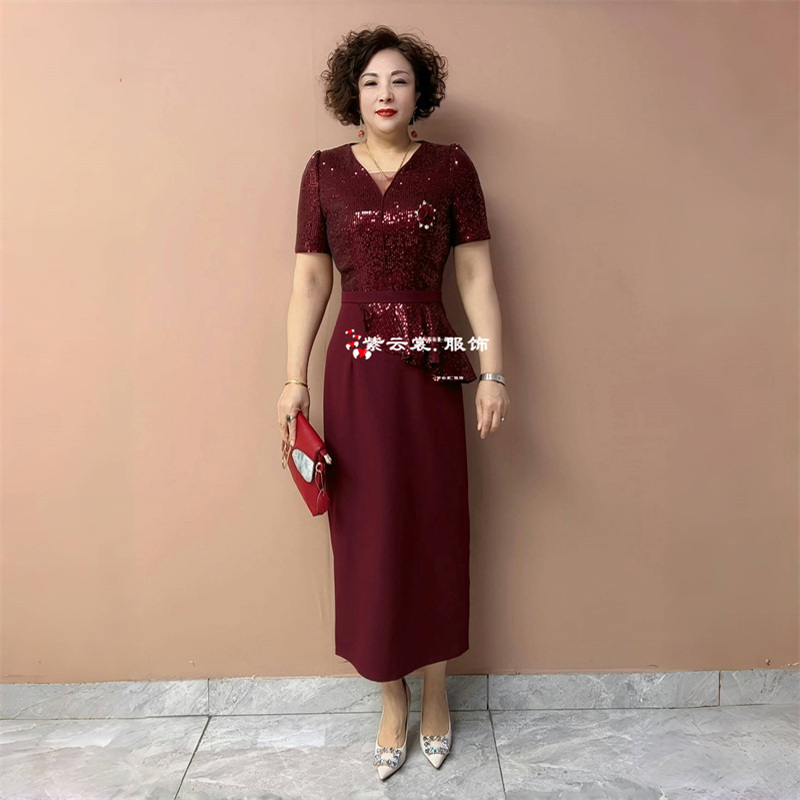 高端气质喜婆婆礼服年轻妈妈高贵短袖旗袍婚宴喜服洋气大码连衣裙