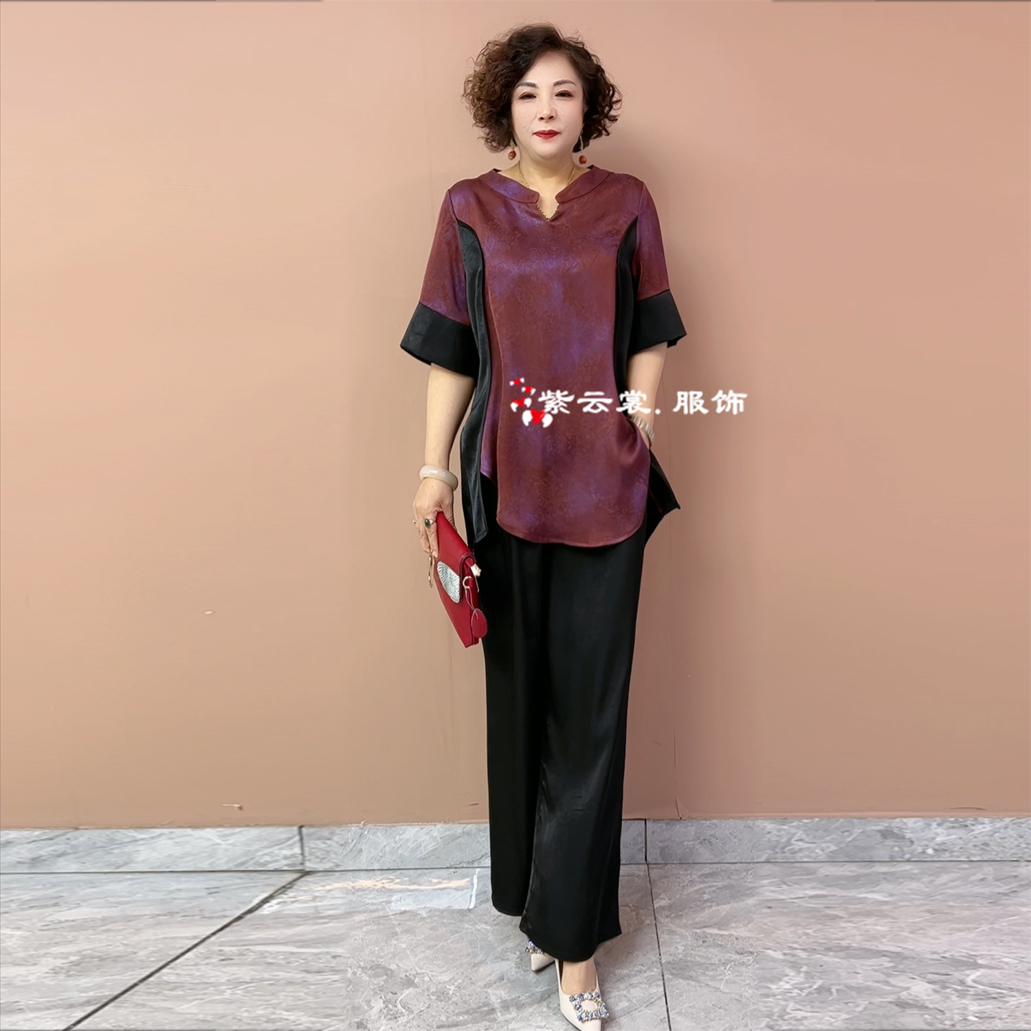 高端气质春夏醋酸丝缎时尚宽松中长款大版上衣阔腿裤妈妈两件套装