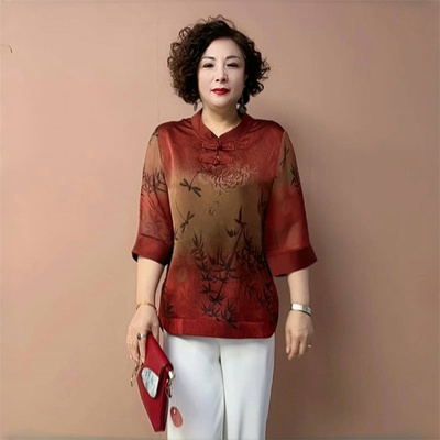 夏季复古国风盘扣中老年妈妈丝缎T恤衬衫宽松遮肉大码醋酸缎上衣
