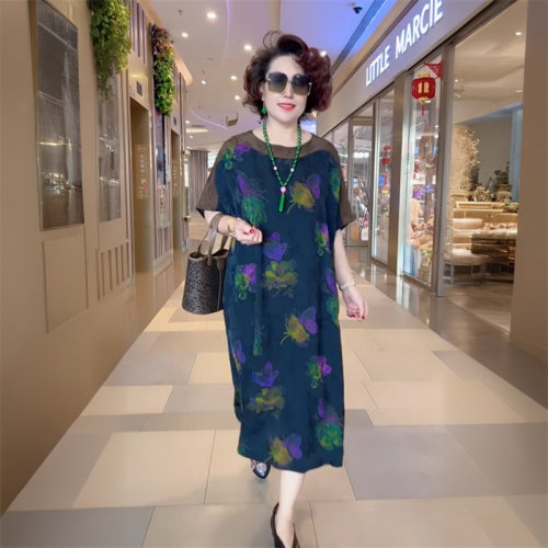 欧货夏季高端妈妈装黑色碎花真丝连衣裙时尚气质宽松遮肉大码长裙