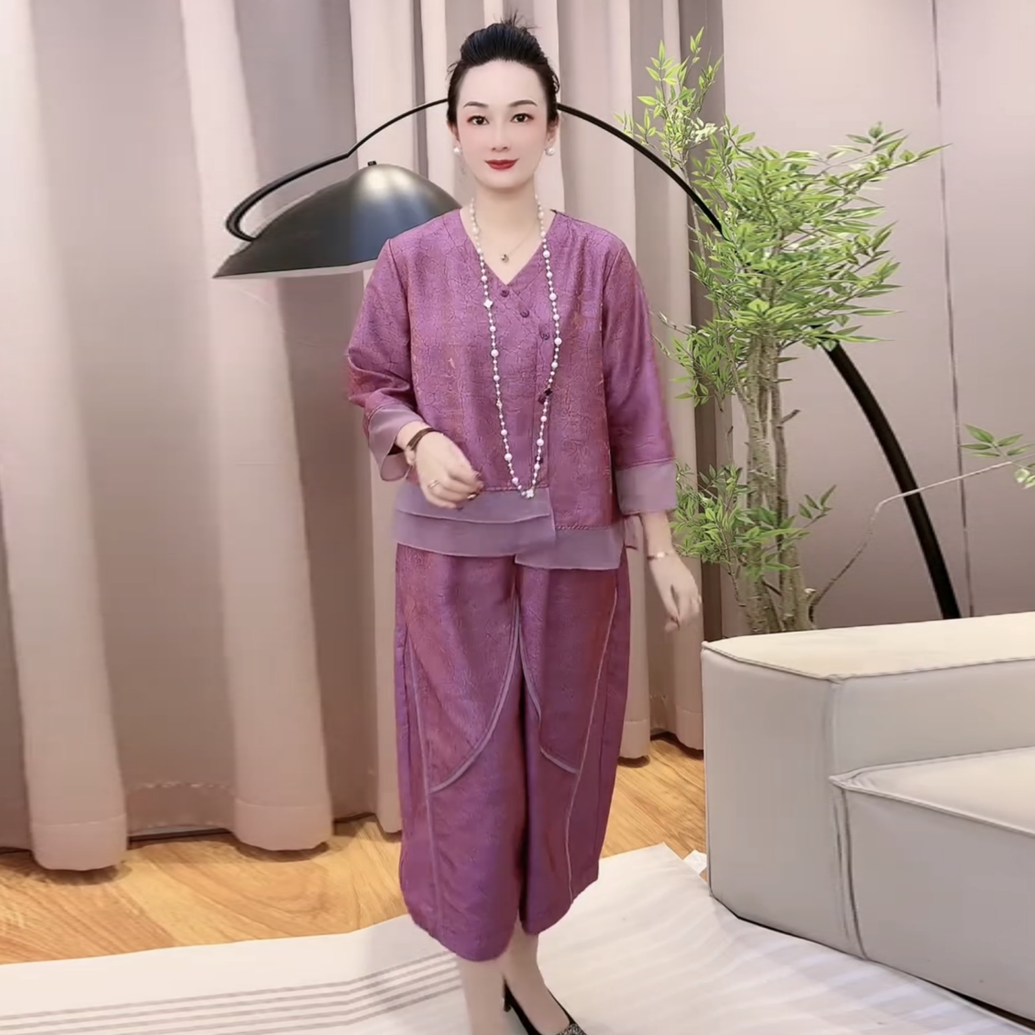 高端气质春夏中式妈妈云锦丝缎宽松大码上衣宽松阔腿裤两件套装女
