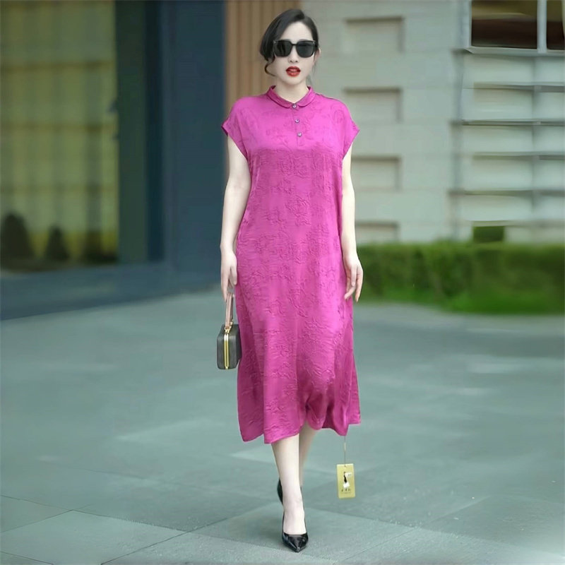 年轻妈妈夏季连衣裙洋气大码醋酸真丝提花阔太太显瘦宽松遮肉长裙