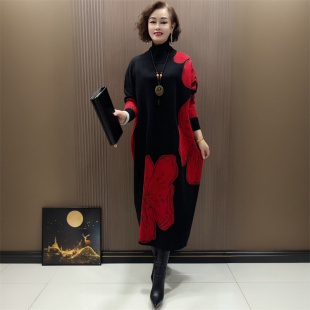 2025秋冬欧货加肥大码 200斤羊毛提花针织连衣裙遮肉显瘦气质长裙