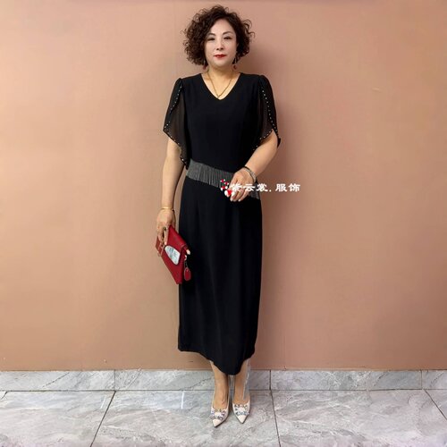高端设计感夏季短袖流苏连衣裙洋气遮肉显瘦优雅气质妈妈装长裙子