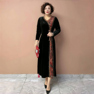 春季新款丝绒气质高端假两件连衣裙收腰显瘦遮肉洋气年轻妈妈长裙