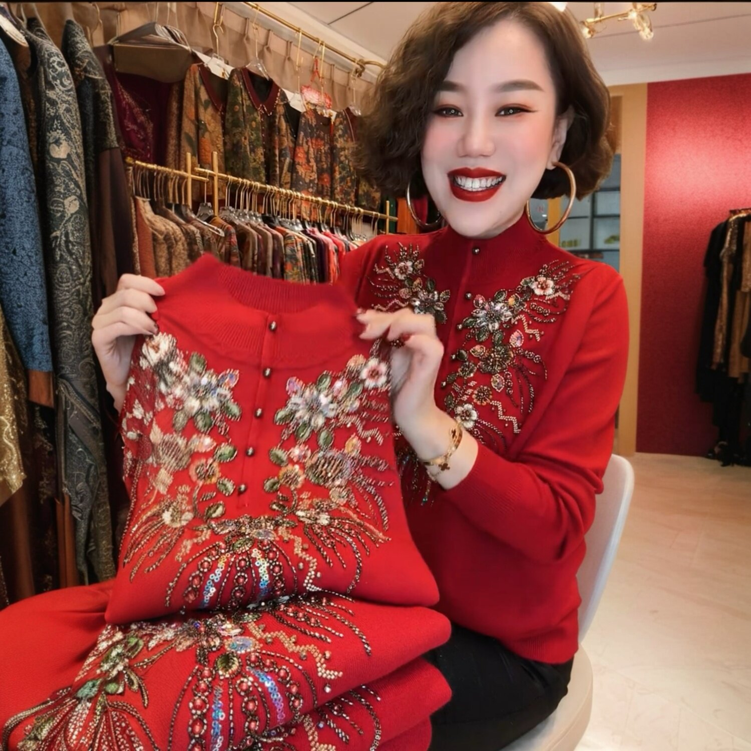 秋冬中年妈妈装高领针织衫重工绣花串珠长袖宽松遮肚打底小衫毛衣