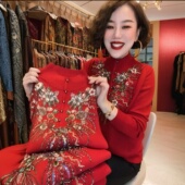 秋冬中年妈妈装 毛衣 宽松遮肚打底小衫 高领针织衫 重工绣花串珠长袖