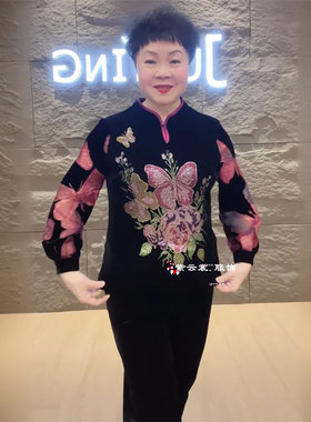 秋冬时尚重工镶钻丝绒立领长袖中老年妈妈旗袍上衣减龄打底衫