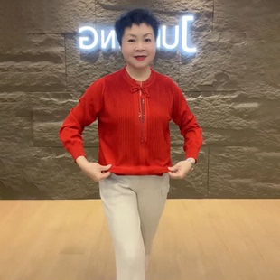 中年妈妈装洋气系带木耳边圆领针织衫女长袖宽松显瘦弹力毛衣上衣
