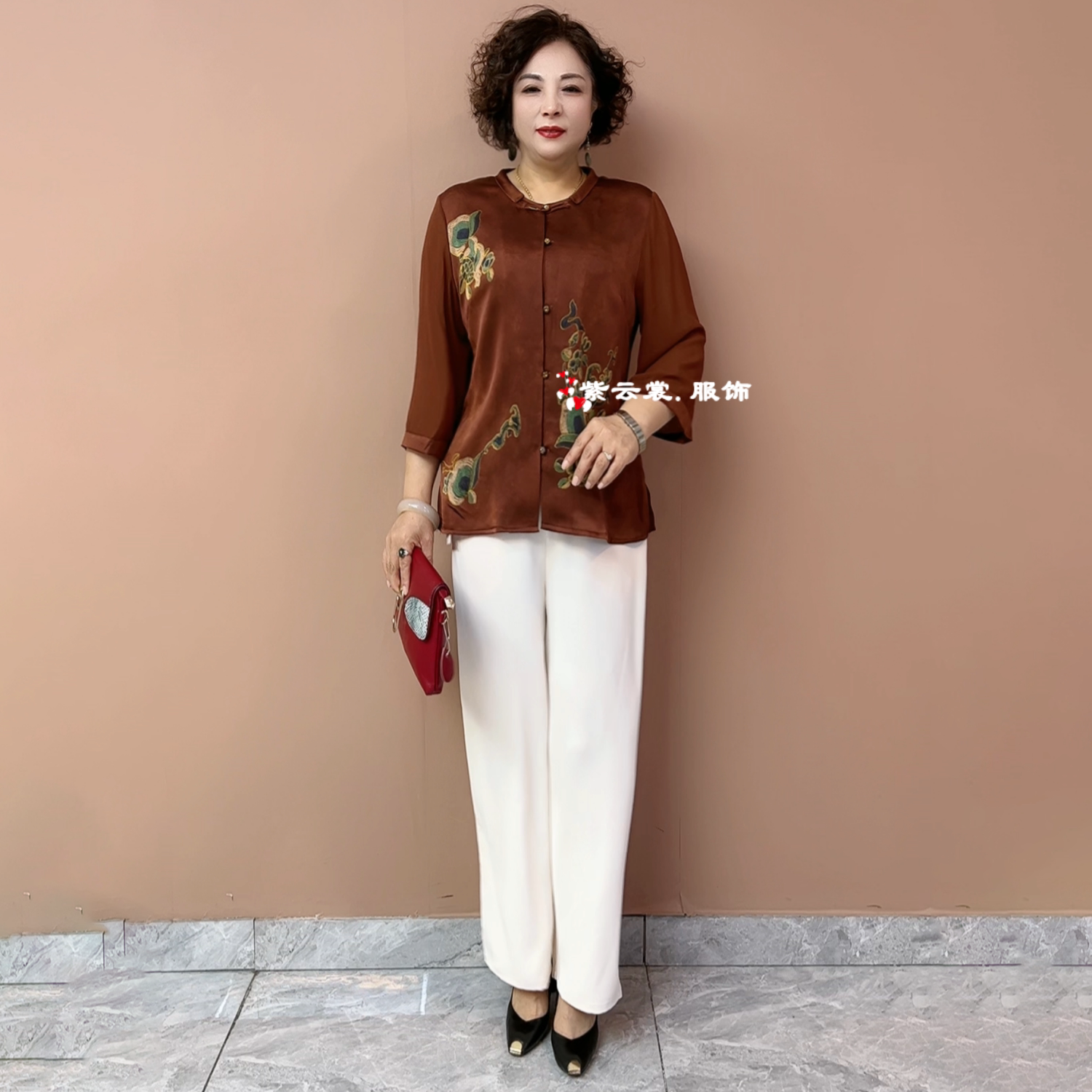 夏季国风醋酸丝缎短袖旗袍小衫妈妈时尚气质宽松衬衫遮肉显瘦上衣