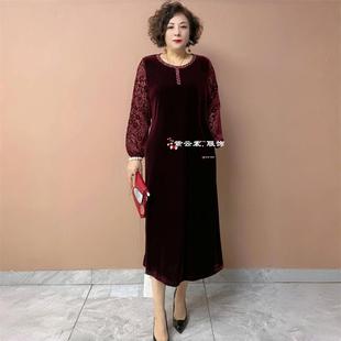 阔太太春秋中年妈妈装过膝长款真丝绒钩花洋气宽松遮肉大码连衣裙
