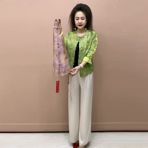 新中式妈妈春夏国风醋酸缎外套端庄大气中老年洋气薄款七分袖上衣